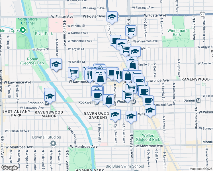map of restaurants, bars, coffee shops, grocery stores, and more near 4749 North Maplewood Avenue in Chicago