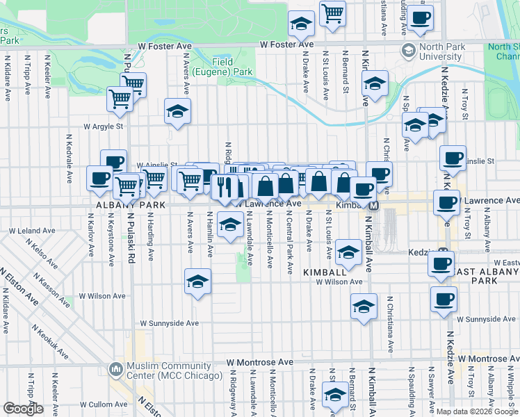 map of restaurants, bars, coffee shops, grocery stores, and more near 3645 West Lawrence Avenue in Chicago