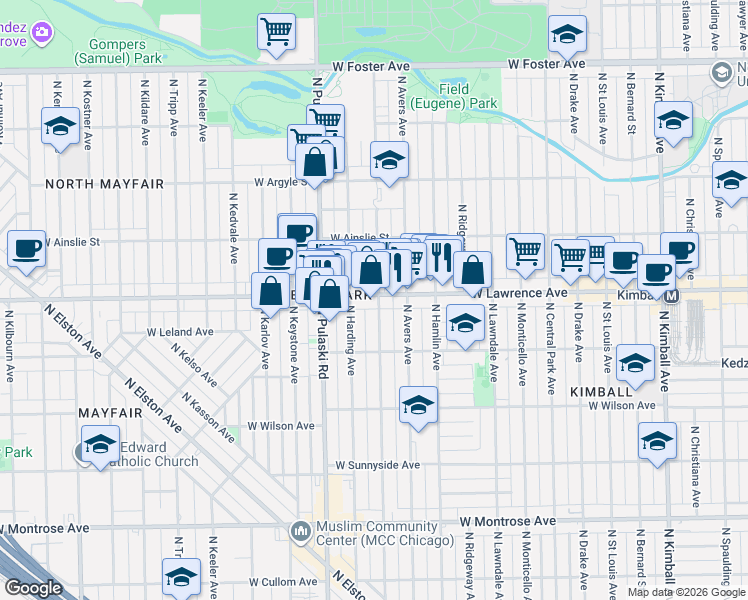 map of restaurants, bars, coffee shops, grocery stores, and more near 3901 West Lawrence Avenue in Chicago