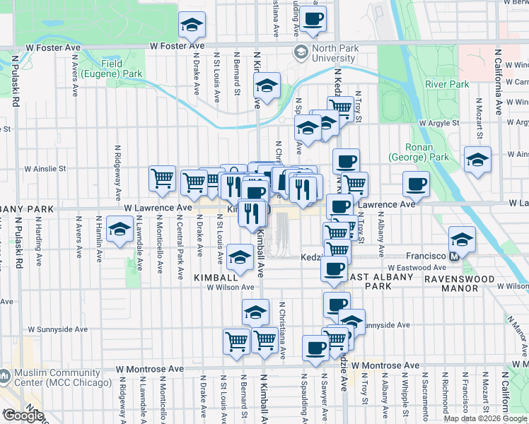 map of restaurants, bars, coffee shops, grocery stores, and more near 4777 North Kimball Avenue in Chicago