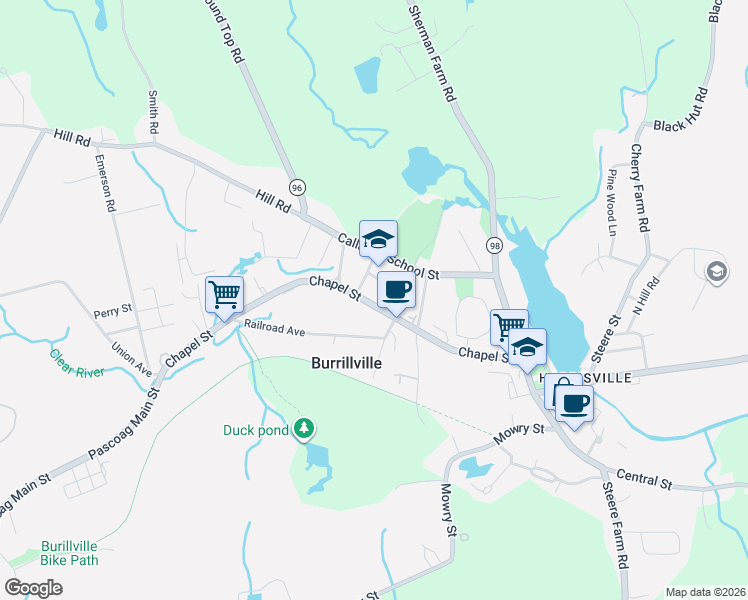 map of restaurants, bars, coffee shops, grocery stores, and more near 25 Maple Street in Burrillville
