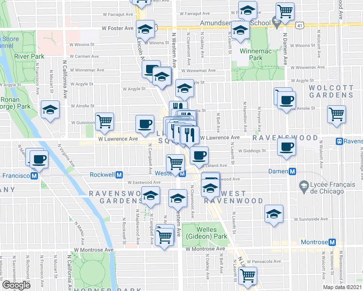 map of restaurants, bars, coffee shops, grocery stores, and more near 4762 North Lincoln Avenue in Chicago