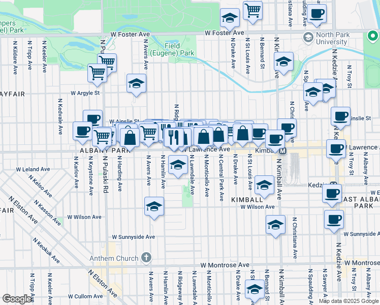 map of restaurants, bars, coffee shops, grocery stores, and more near 3718 West Lawrence Avenue in Chicago
