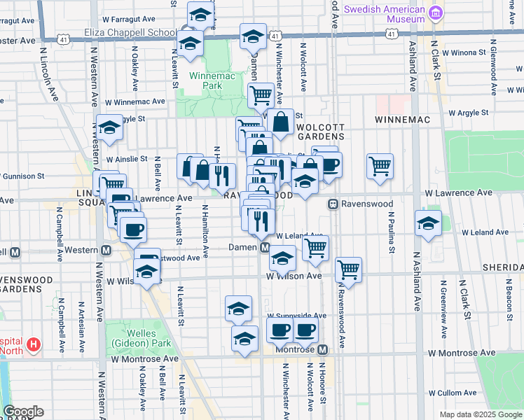 map of restaurants, bars, coffee shops, grocery stores, and more near 4745 North Damen Avenue in Chicago