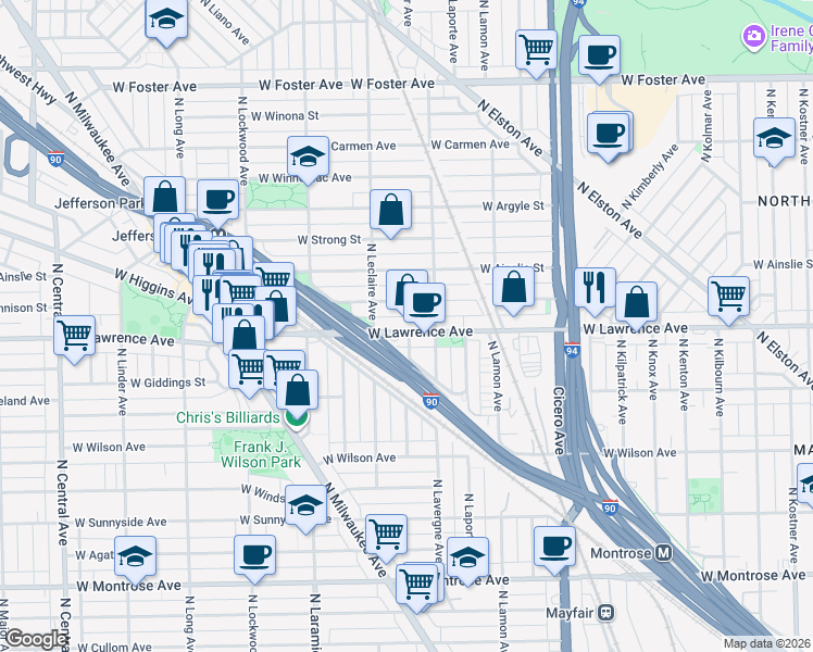 map of restaurants, bars, coffee shops, grocery stores, and more near 5047 West Gunnison Street in Chicago