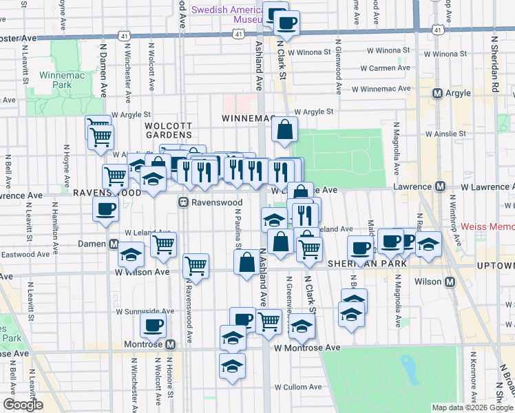 map of restaurants, bars, coffee shops, grocery stores, and more near 4751 North Paulina Street in Chicago