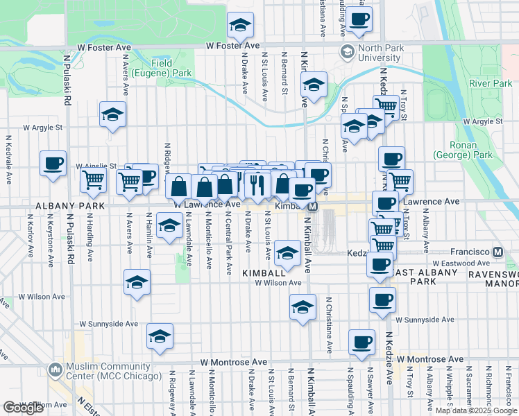 map of restaurants, bars, coffee shops, grocery stores, and more near 3511 West Lawrence Avenue in Chicago