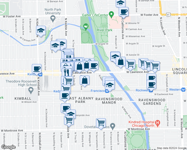 map of restaurants, bars, coffee shops, grocery stores, and more near 4748 North Sacramento Avenue in Chicago