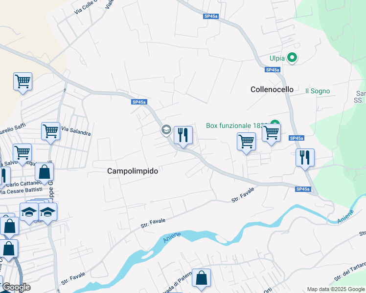 map of restaurants, bars, coffee shops, grocery stores, and more near 38 Via Camillo Pierattini in Campo Limpido-Favale