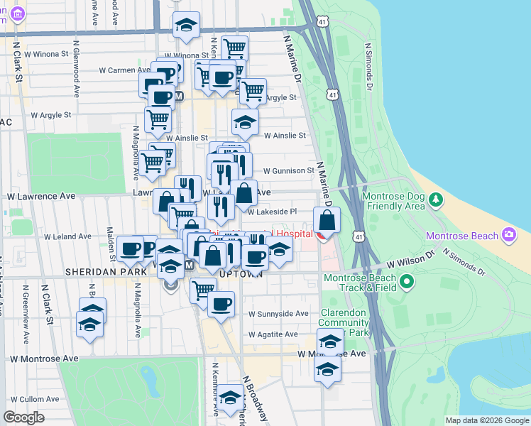map of restaurants, bars, coffee shops, grocery stores, and more near 4759 North Sheridan Road in Chicago