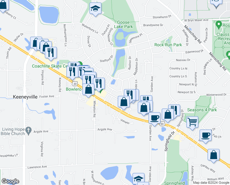 map of restaurants, bars, coffee shops, grocery stores, and more near 1095 Prescott Drive in Roselle