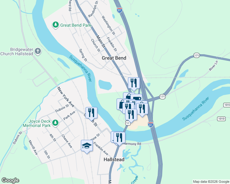 map of restaurants, bars, coffee shops, grocery stores, and more near 13 Spring Street in Great Bend