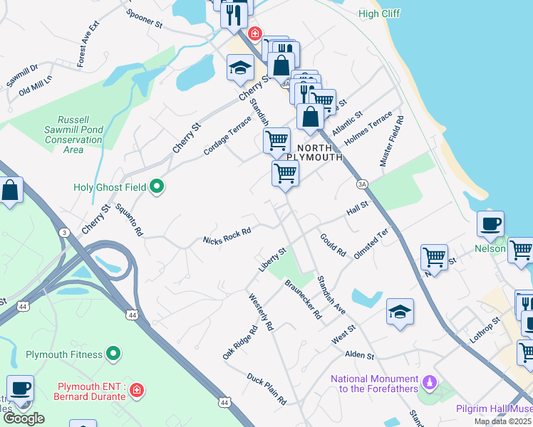 map of restaurants, bars, coffee shops, grocery stores, and more near 1A Ocean View Avenue in Plymouth