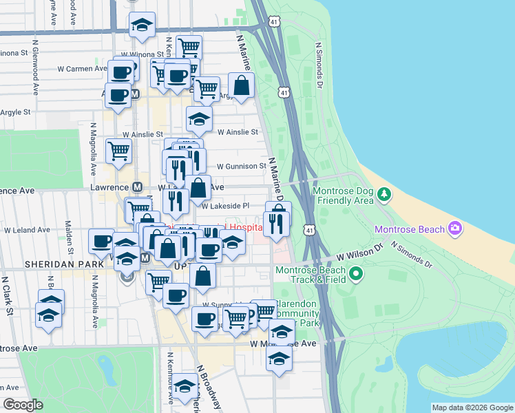 map of restaurants, bars, coffee shops, grocery stores, and more near 818 West Lakeside Place in Chicago