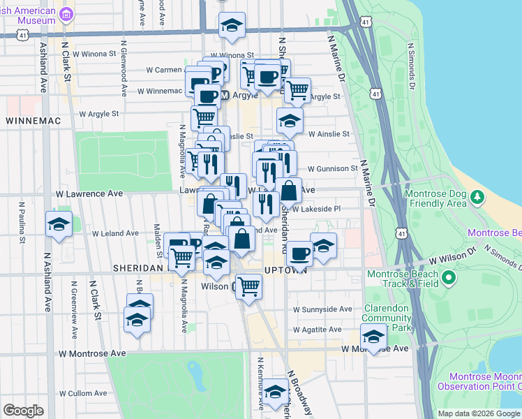 map of restaurants, bars, coffee shops, grocery stores, and more near in Chicago