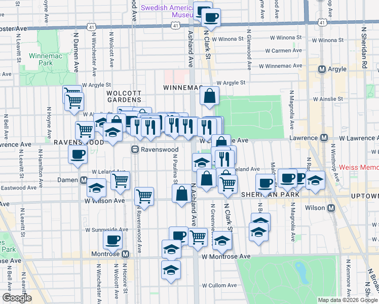 map of restaurants, bars, coffee shops, grocery stores, and more near 4751 North Paulina Street in Chicago