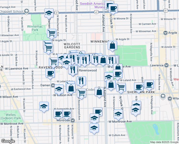 map of restaurants, bars, coffee shops, grocery stores, and more near 4745 North Hermitage Avenue in Chicago