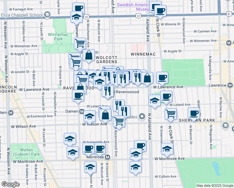 map of restaurants, bars, coffee shops, grocery stores, and more near in Chicago