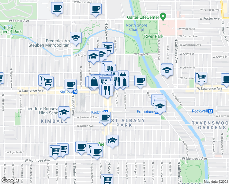 map of restaurants, bars, coffee shops, grocery stores, and more near 3148 West Lawrence Avenue in Chicago