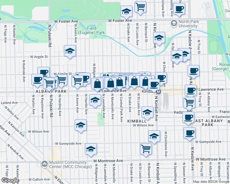 map of restaurants, bars, coffee shops, grocery stores, and more near 3606 West Lawrence Avenue in Chicago