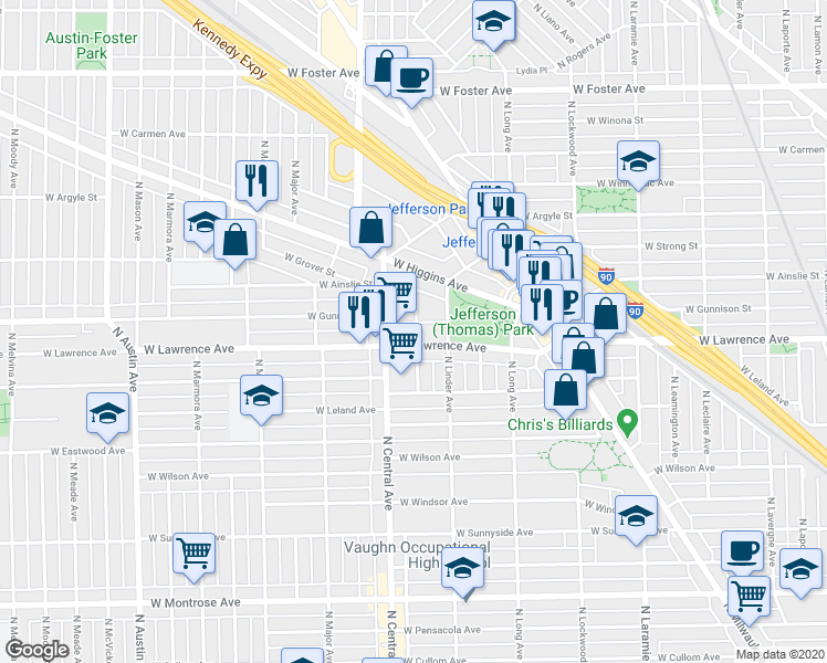 map of restaurants, bars, coffee shops, grocery stores, and more near 5534 West Lawrence Avenue in Chicago