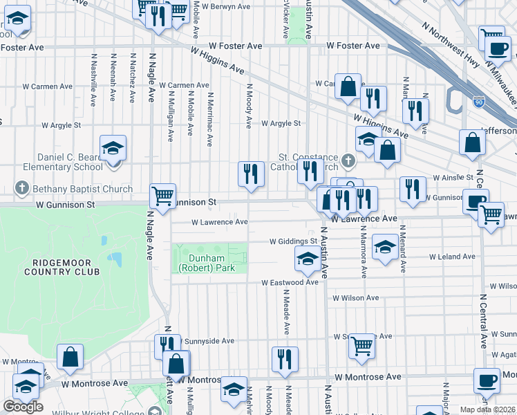 map of restaurants, bars, coffee shops, grocery stores, and more near 6110 West Gunnison Street in Chicago
