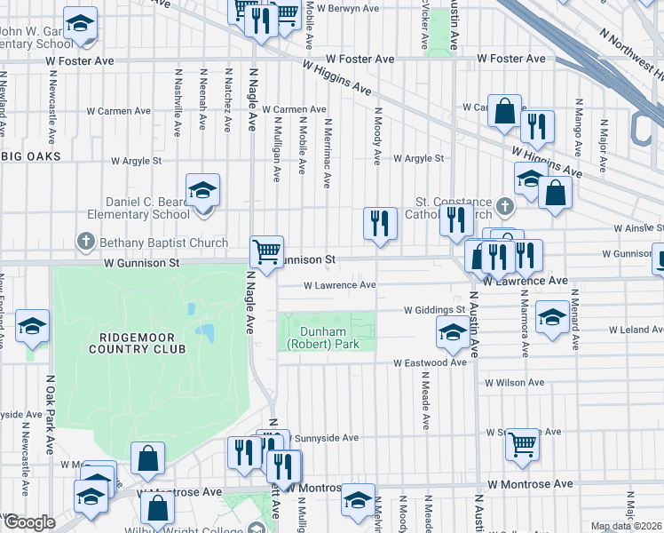 map of restaurants, bars, coffee shops, grocery stores, and more near 6234 West Gunnison Street in Chicago