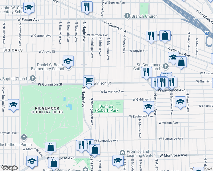 map of restaurants, bars, coffee shops, grocery stores, and more near 6234 West Gunnison Street in Chicago