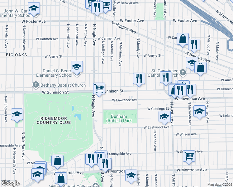 map of restaurants, bars, coffee shops, grocery stores, and more near 6234 West Gunnison Street in Chicago