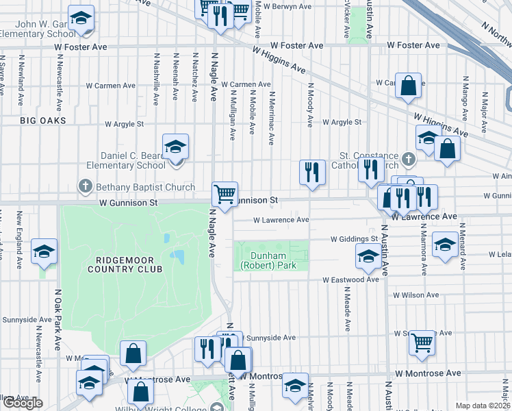map of restaurants, bars, coffee shops, grocery stores, and more near 6308 West Gunnison Street in Chicago