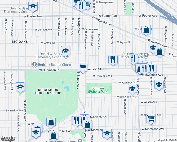 map of restaurants, bars, coffee shops, grocery stores, and more near 6308 West Gunnison Street in Chicago