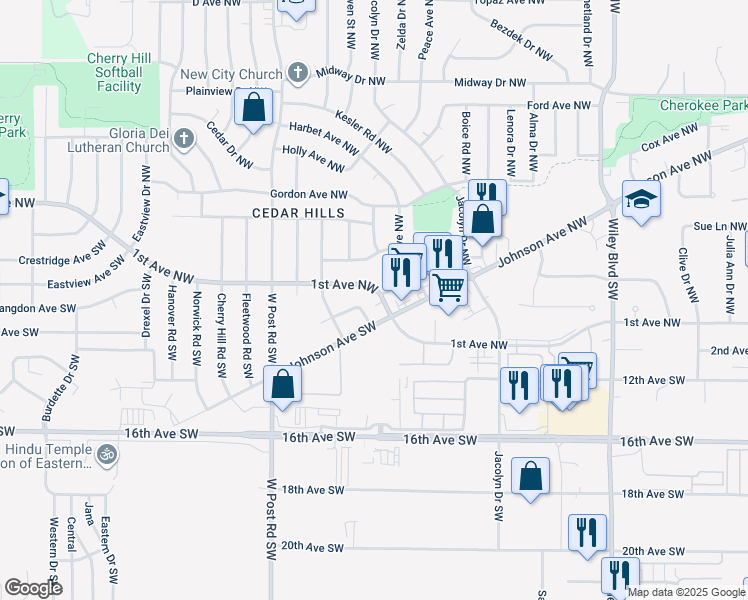 map of restaurants, bars, coffee shops, grocery stores, and more near 5012 1st Avenue Southwest in Cedar Rapids