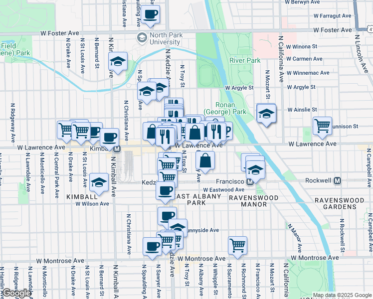 map of restaurants, bars, coffee shops, grocery stores, and more near 3123 West Lawrence Avenue in Chicago