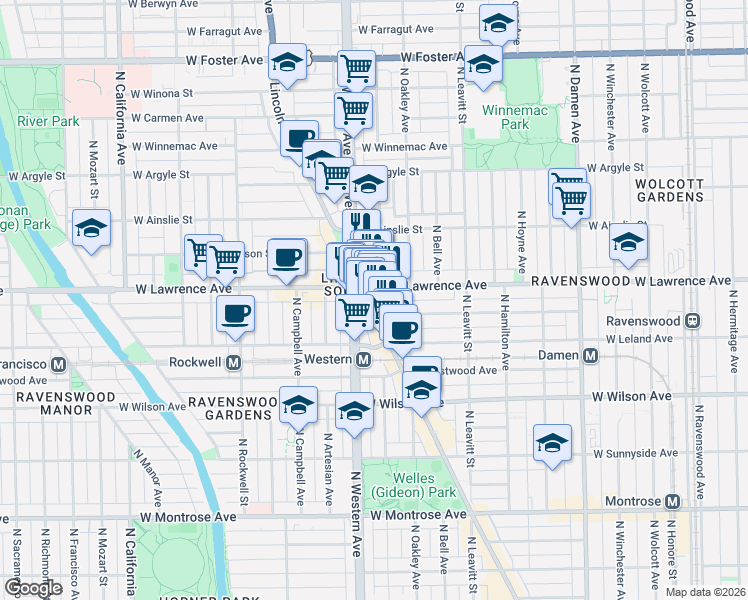 map of restaurants, bars, coffee shops, grocery stores, and more near 4757 North Lincoln Avenue in Chicago