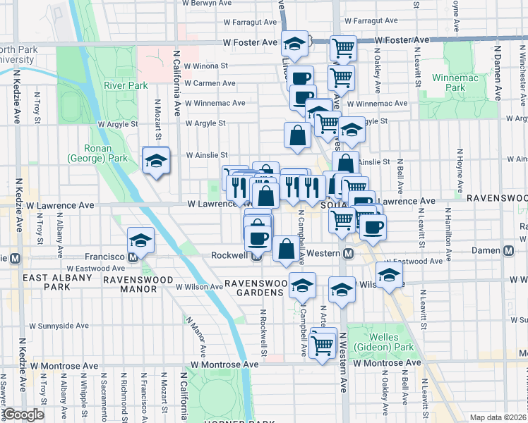 map of restaurants, bars, coffee shops, grocery stores, and more near 4749 North Rockwell Street in Chicago