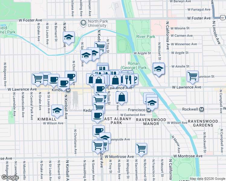 map of restaurants, bars, coffee shops, grocery stores, and more near 3111 West Lawrence Avenue in Chicago