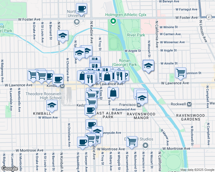 map of restaurants, bars, coffee shops, grocery stores, and more near 4754 North Albany Avenue in Chicago