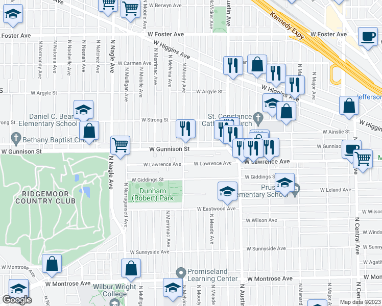 map of restaurants, bars, coffee shops, grocery stores, and more near 6110 West Gunnison Street in Chicago