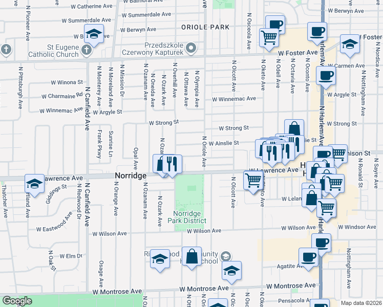 map of restaurants, bars, coffee shops, grocery stores, and more near 7609 West Ainslie Street in Norridge