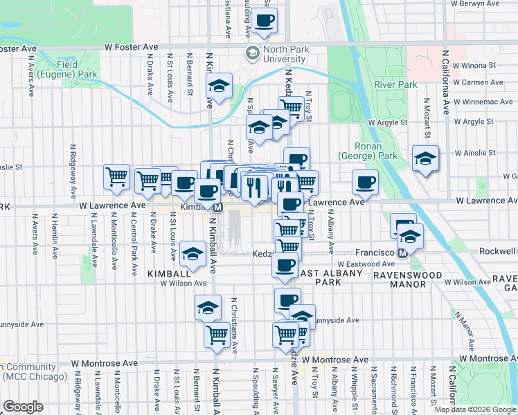 map of restaurants, bars, coffee shops, grocery stores, and more near 3253 West Lawrence Avenue in Chicago