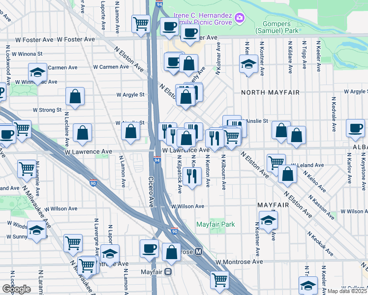 map of restaurants, bars, coffee shops, grocery stores, and more near 4660 West Lawrence Avenue in Chicago