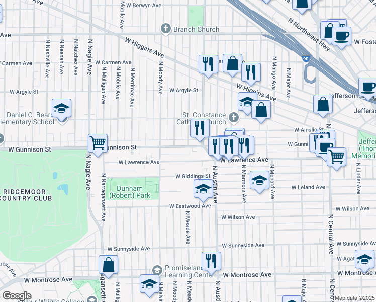 map of restaurants, bars, coffee shops, grocery stores, and more near 6031 West Gunnison Street in Chicago