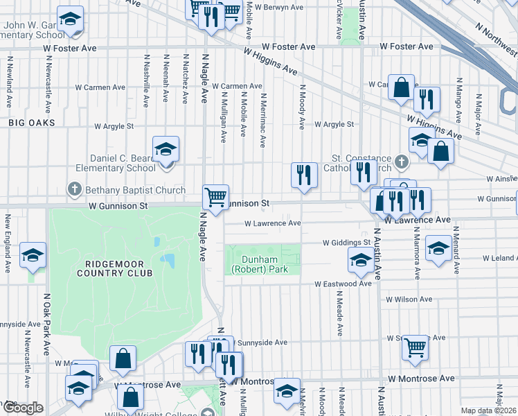 map of restaurants, bars, coffee shops, grocery stores, and more near 6237 West Gunnison Street in Chicago