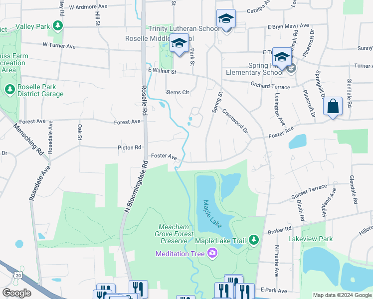 map of restaurants, bars, coffee shops, grocery stores, and more near 830 Butternut Court in Roselle