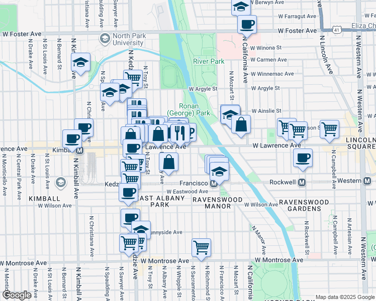 map of restaurants, bars, coffee shops, grocery stores, and more near 4750 North Sacramento Avenue in Chicago