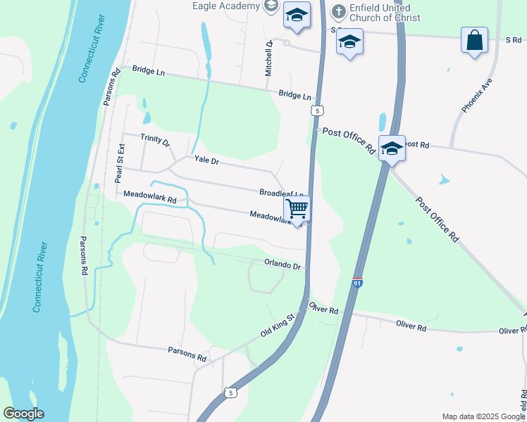 map of restaurants, bars, coffee shops, grocery stores, and more near 13 Meadowlark Road in Enfield