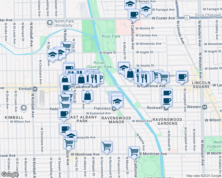 map of restaurants, bars, coffee shops, grocery stores, and more near 2921 West Lawrence Avenue in Chicago