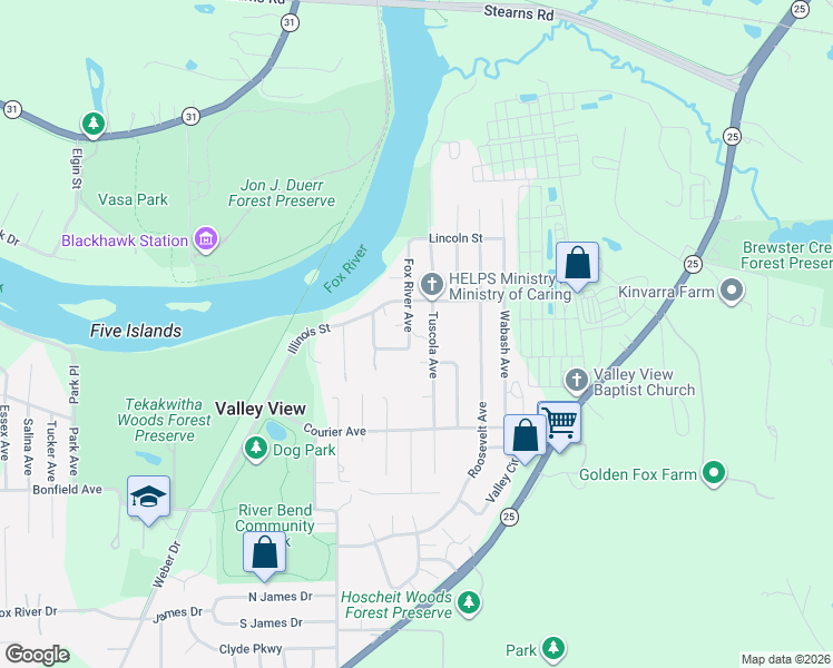 map of restaurants, bars, coffee shops, grocery stores, and more near 6N772 Tuscola Avenue in St. Charles