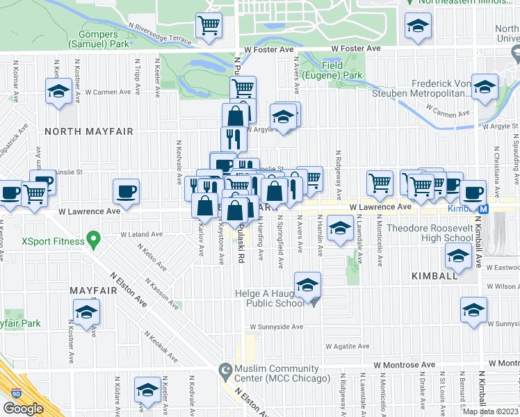 map of restaurants, bars, coffee shops, grocery stores, and more near W Lawrence Ave & N Harding Ave in Chicago
