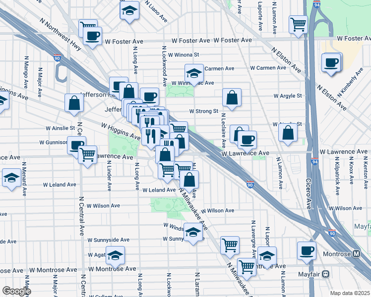 map of restaurants, bars, coffee shops, grocery stores, and more near 5216 West Lawrence Avenue in Chicago
